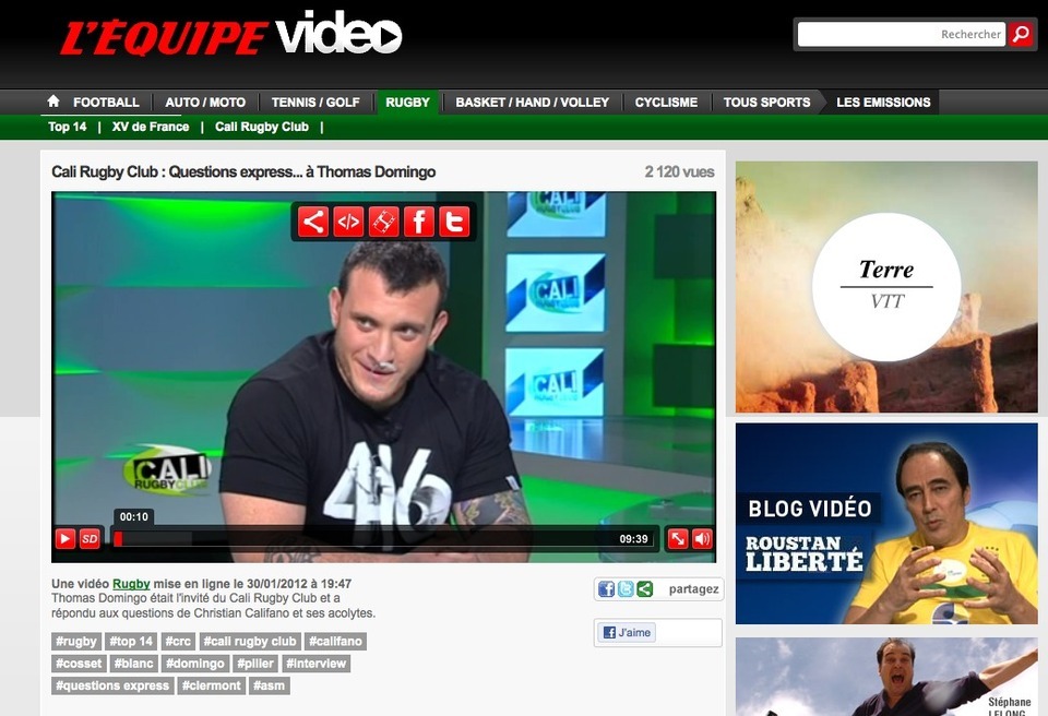 Vidéo - Thomas Domingo habillé en 416 Wear modèle Explode au Cali Rugby Club sur l'Equipe TV le 30 janvier 2012