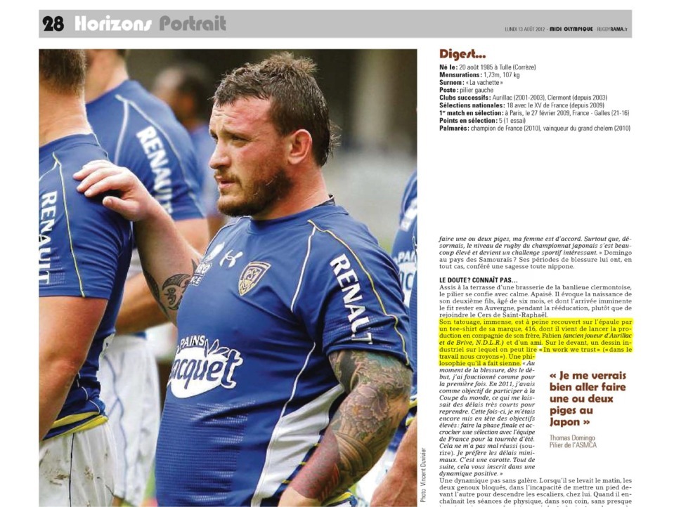 Thomas Domingo - Interview dans Midi Olympique du Lundi 13 août 2012 - Comme un Samouraï - "In work we trust" Thomas Domingo - Interview dans Midi Olympique du Lundi 13 août 2012 - Comme un Samouraï - "In work we trust"